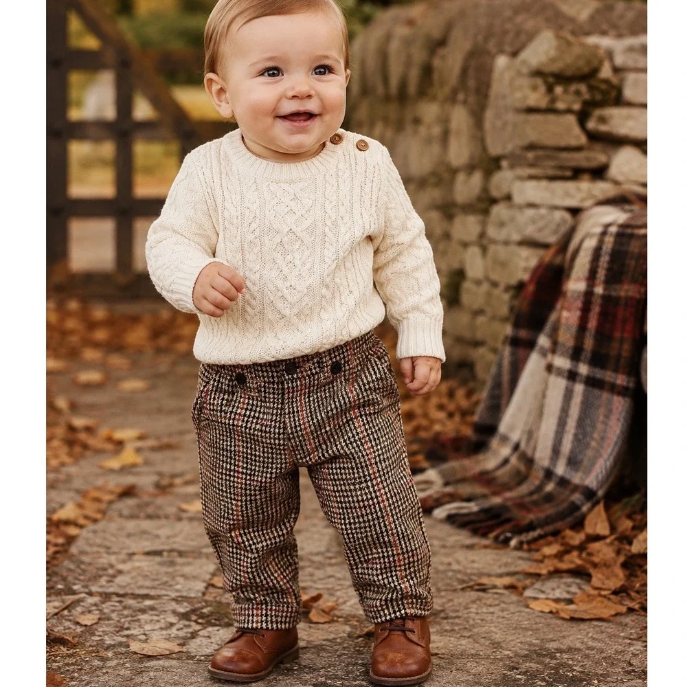 Me & Henry Baby Boys Trousers Plaid Houndstooth Brown Size 6/9M Dress Pants
